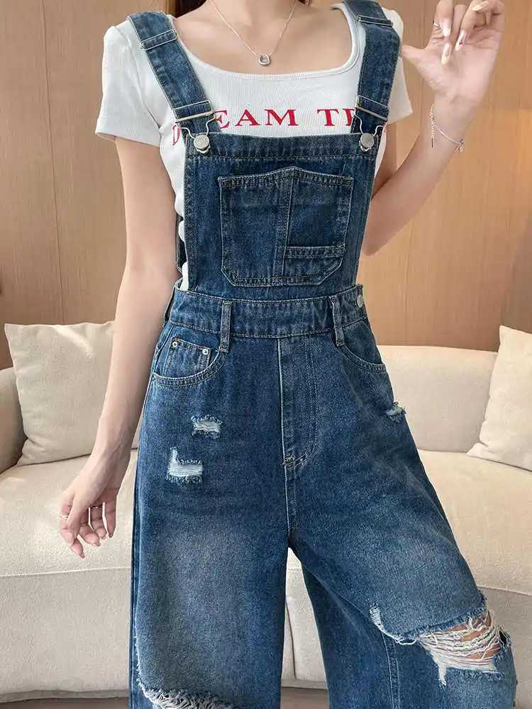 Blue Denim Jumpsuits For Women Spring Summer Suspender Strap Hole Ripped Wide Leg Overall Loose Casual Jeans Street Wear M260323
