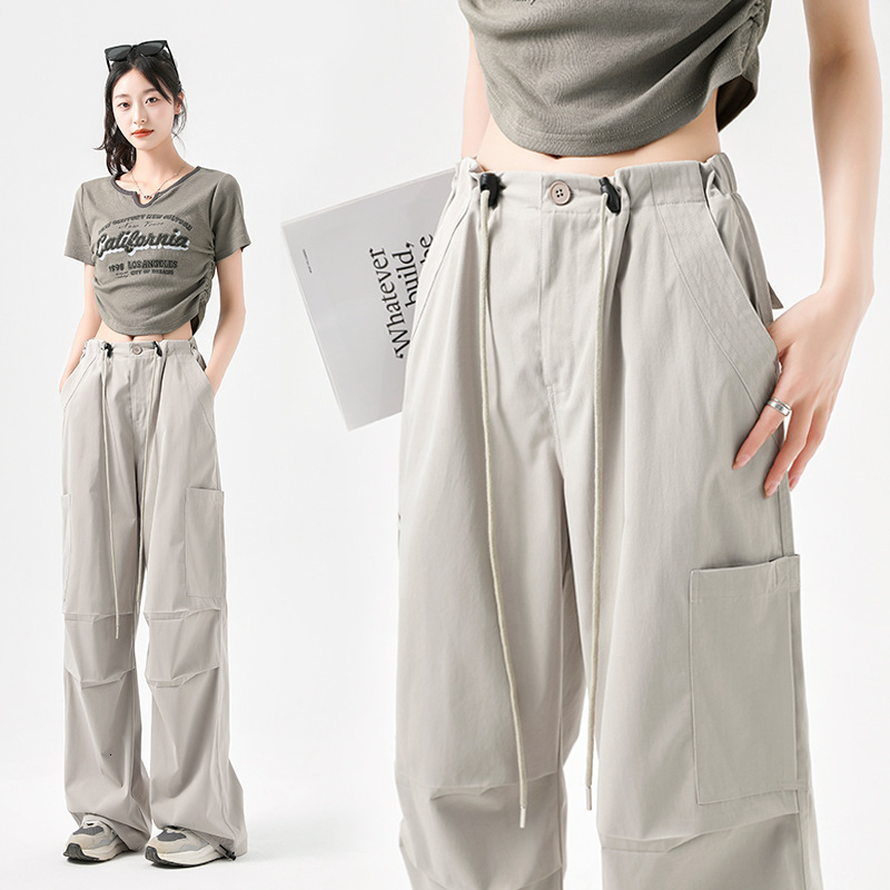 Quick-dry Cargo Pants For Women Summer Thin Designer Pants High-waisted Wide-leg Parachute Pants Casual Slimming American Style Sports Pants