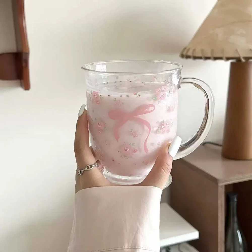 450ml Glass Cups with Handle Clear Bowknot Cup Cute Mug for Coffee/Milk/Juice/Tea Gift for Girl Women D260323