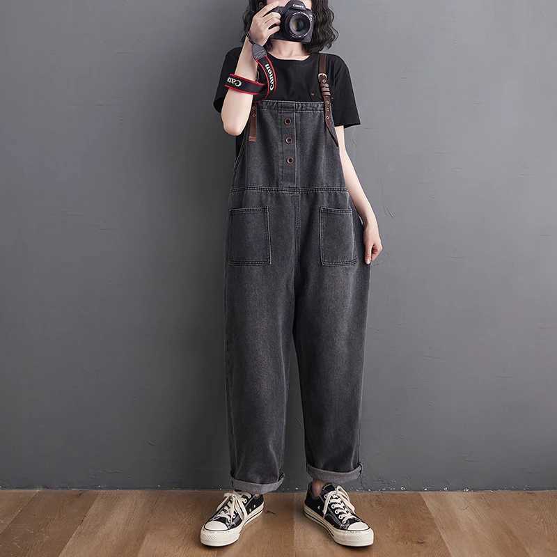 Denim Jumpsuit For Women Spring Autumn Grey Loose Jean Overalls Baggy Suspender Wide Leg Rompers All Match Trousers M260323
