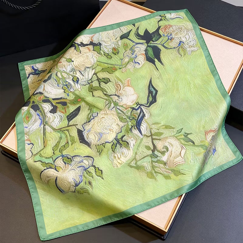 70x70cm Satin Imitation Silk Square Scarf Art Oil Painting Series Soft Smooth Lightweight Breathable All-Match Neck Scarf Shawl Headband Bag Decor