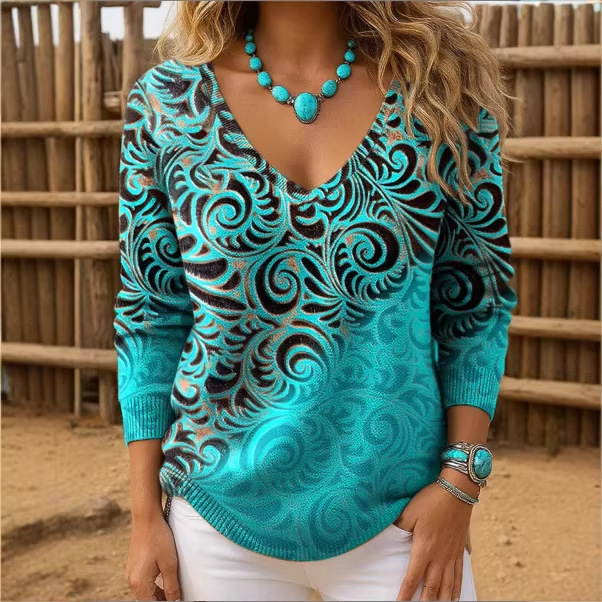 2026 New Foreign Trade Women's Top Designer T-shirt T-shirt With Drop Designer Hoodie Shoulder Polo V-neck Long Sleeves And 3D Digital Bohemian Print