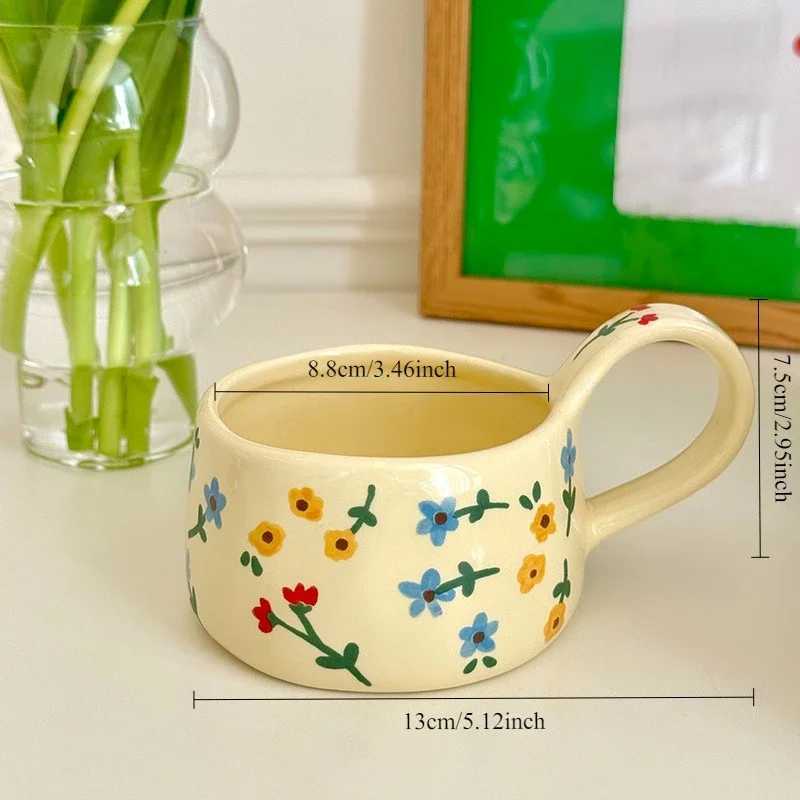 Cream yellow Ceramic Mug Korean Style Cute Flower Pattern Coffee Cup Hand Pinched Irregular Mug Breakfast Milk Tea Cups Watercup D260323