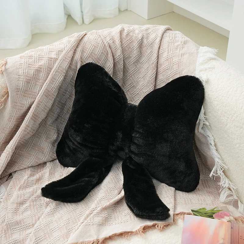 Pink bow ribbon couch pillow imitation rabbit fur comfortable car seat cushion ins style simple all-match back cushion H260323