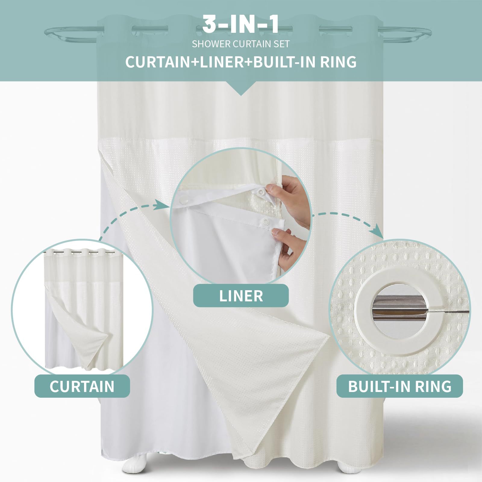 YL-38382 Waffle Double-Layer Large Buckle Bathroom Polyester Shower Curtain with Partition and Waterproof Lining