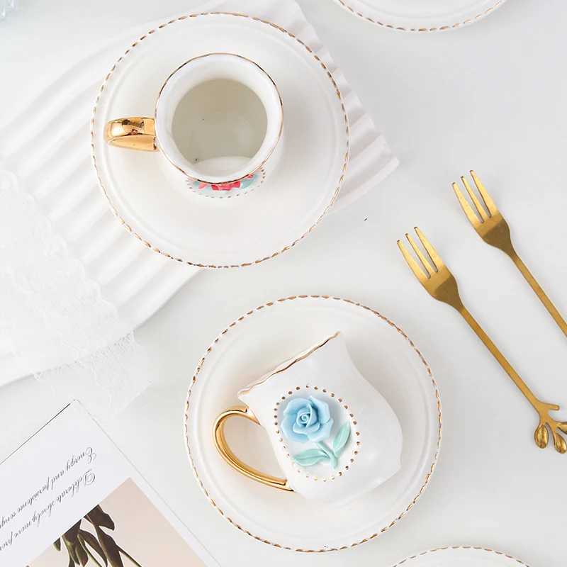 Ceramic rose cup coffee cup plate set handmade ceramic flower cup H260323