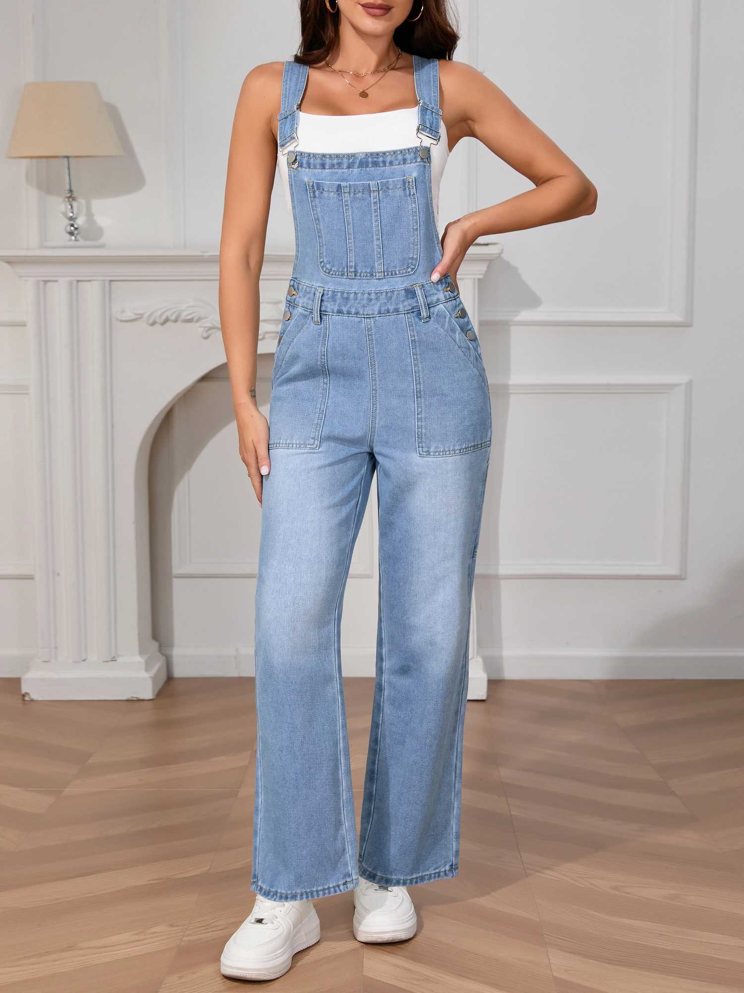 Womens Washed Denim Overalls - Vintage Euro American Style Strappy Jumpsuit High Waist Casual Romper with Adjustable Straps M260323