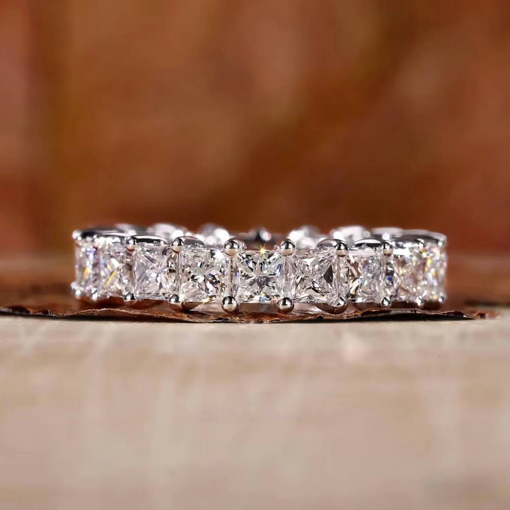 3mm Princess Cut Full Eternity Moissanite Band 925 Sterling Silver Office Chic Light Luxury Engagement Ring European Style Ring