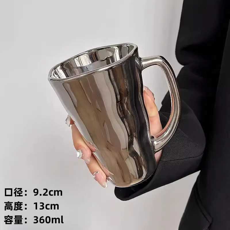 Creative Silver Mug with Handle Milk Cup Coffee Cup Modern Simple Universal Water Cups Drinkware Home Decoration Gift H260323