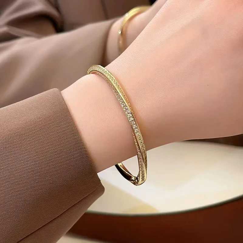 Yupsk Classic Stainless Steel Zircon Inlaid Open Bangle for Women Twist Niche Design Luxury Jewelry Gift H260323 - view 5