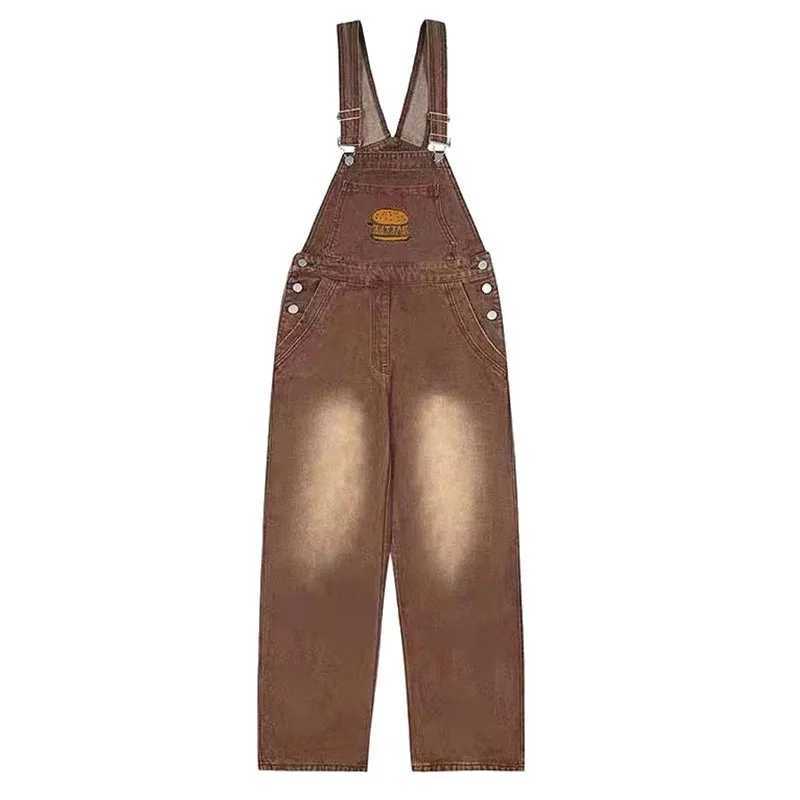 American Vintage Brown Denim Suspender Pants Women Hamburg Embroidery Loose Straight Overalls Fashion Trend Jumpsuit M260323