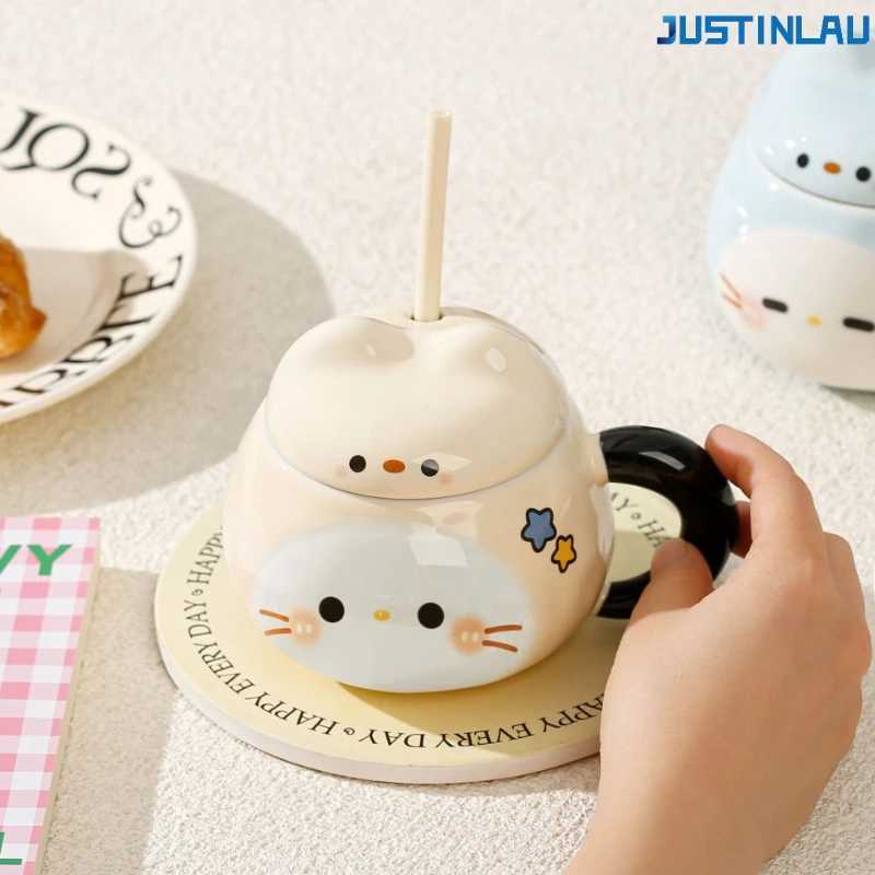 Set of Sesame-shaped Ceramic Cup Cat Grass Straw Cup with Lid and Straw Coffee Cup Breakfast Milk Cup Instagram-style Coffee Cup D260323