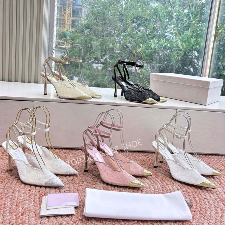 top quality Classic new Fashion Lace mesh High heeled Slingbacks Sandals pumps ankle strap High heels Dress Shoes womens Luxury designer Wedding Evening shoes