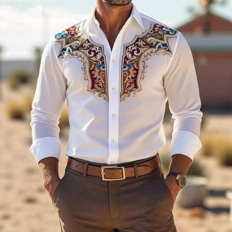 New Men's Fashion Shirt, American Western Style, Loose Fit, Printed Business Casual Long-Sleeve Shirt For Men