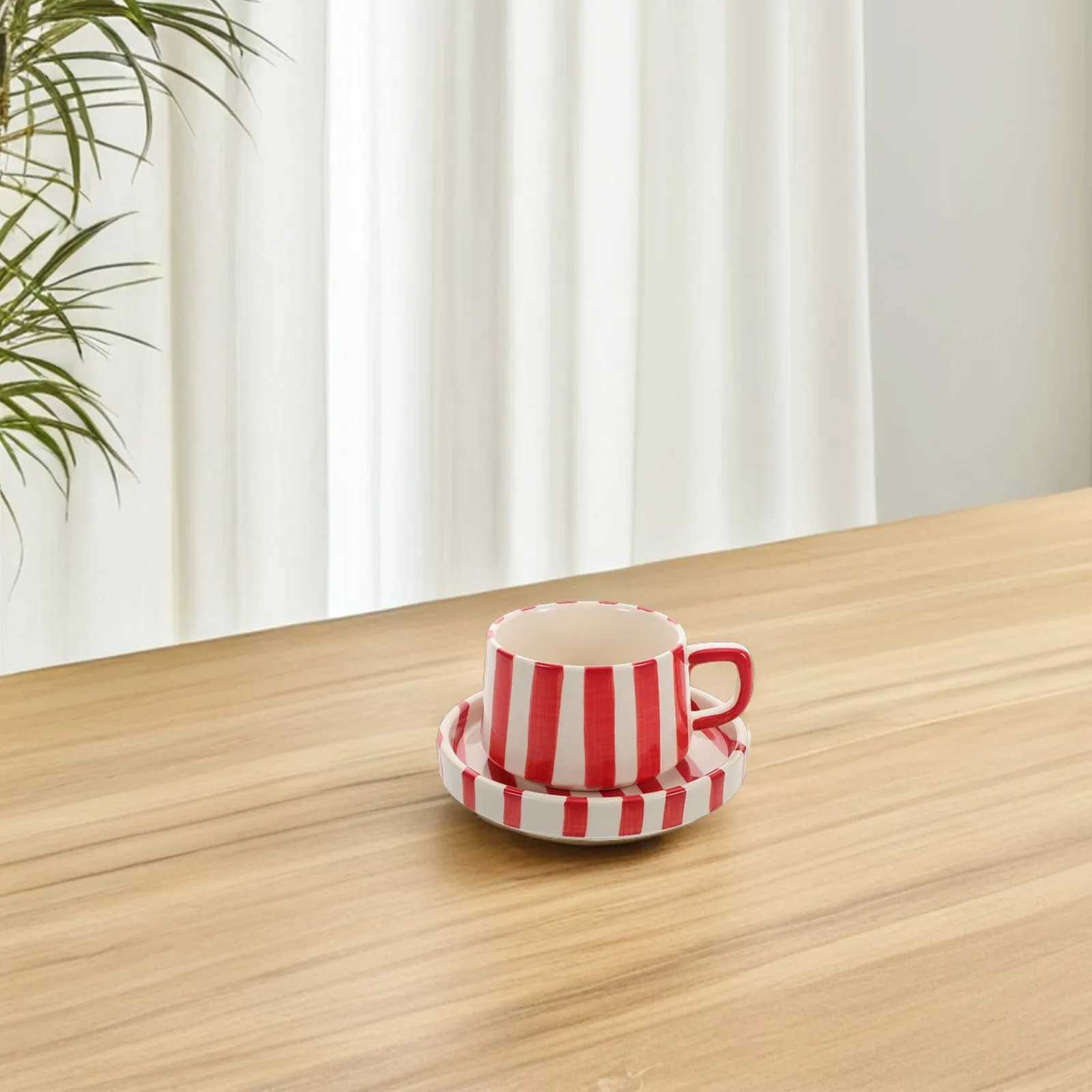 1Set Ceramic Coffee Cup Striped Pattern Office Afternoon Tea Latte Art Mug Saucer Set Creative Ceramic Coffee Cup H260323