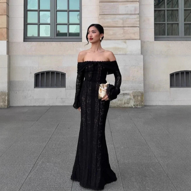 Elegant Hollow Out Long Dress Women High Collar Long Sleeve Slim Solid Dresses Spring Summer Patchwork Lady Party Robe 250912 - view 5
