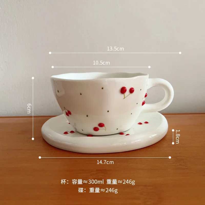 Hand-Painted Cherry Ceramic Cup Set Handmade Vintage Style for Coffee Tea Instagram Cute Afternoon Drinkware Girls Gift H260323