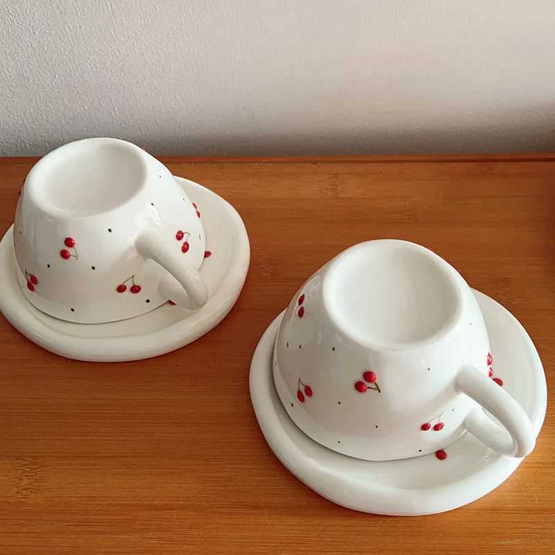 Hand-Painted Cherry Ceramic Cup Set Handmade Vintage Style for Coffee Tea Instagram Cute Afternoon Drinkware Girls Gift H260323