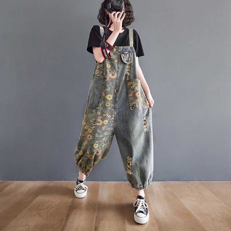 Casual Oversized Print Floral Denim Overalls For Women Loose Wide Leg Mom Jeans Rompers And Jumpsuit Cargo Straps Baggy Pants M260323