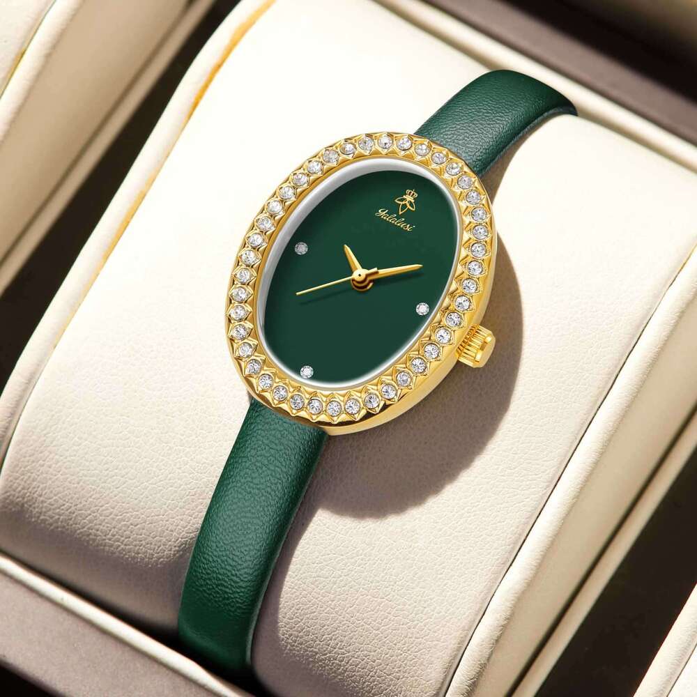 Elegant Small Dial Ins-style Green Leather Strap Women's Fashion Watch with Diamond Encrusted