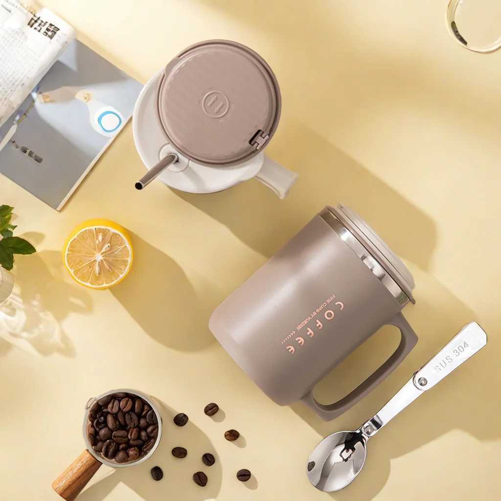 480ML 304 Stainless Steel Coffee Cup Double-Wall Insulated Mug With SpoonStraw Reusable Sealed Drinking Cup For Student Adult D260323