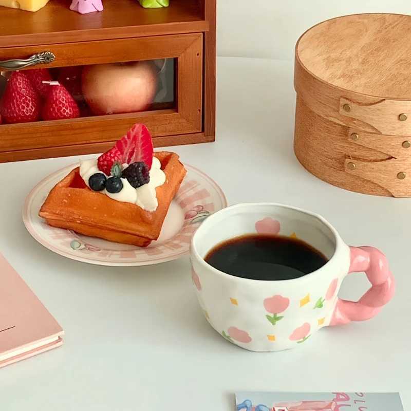 250ml Hand-made Irregular Ceramic Mug Hand-painted Flower Pattern Coffee Cup Childrens Breakfast Milk Cup Kitchen Drinkware H260323