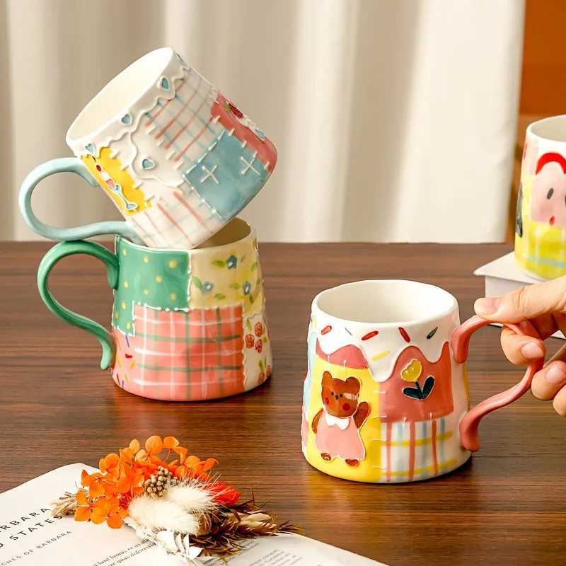 Ins Style Underglaze Color Embossed Pattern Ceramic Mug Home Desktop High-looking Girl Drinking Cup Childrens Gift Drinkware H260323