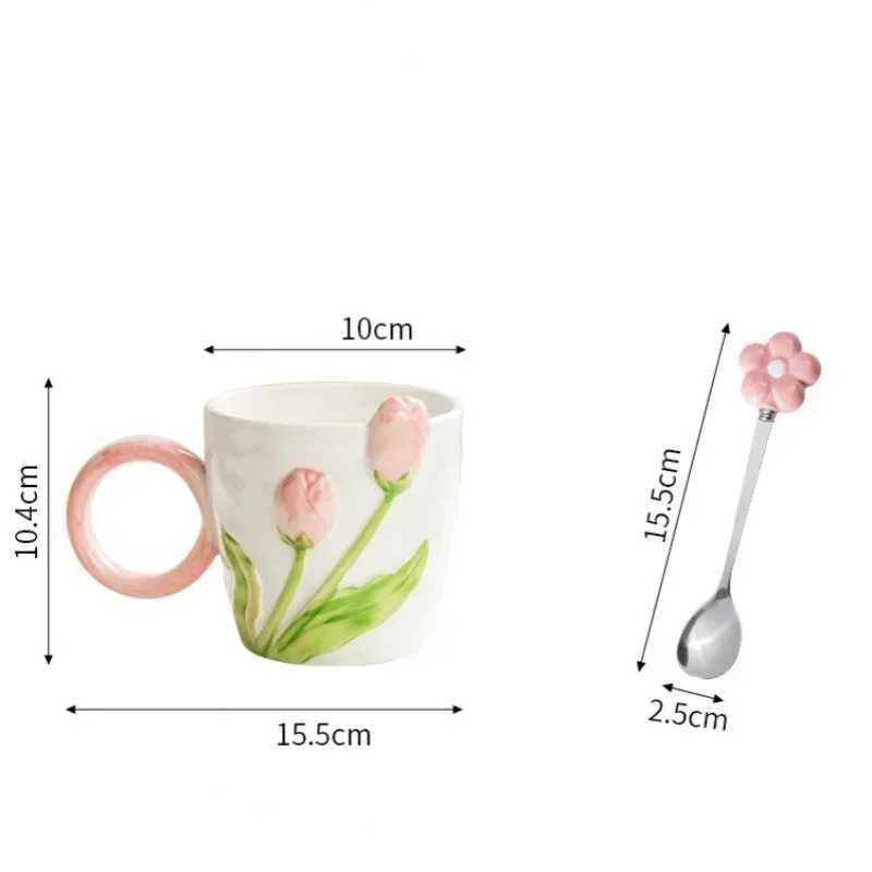 500ml 3D Tulip Pattern Ceramics Mug with Spoon Hand Carved Comfortable handle Coffee Cup Breakfast Milk oatmeal cup Girl Gift D260323