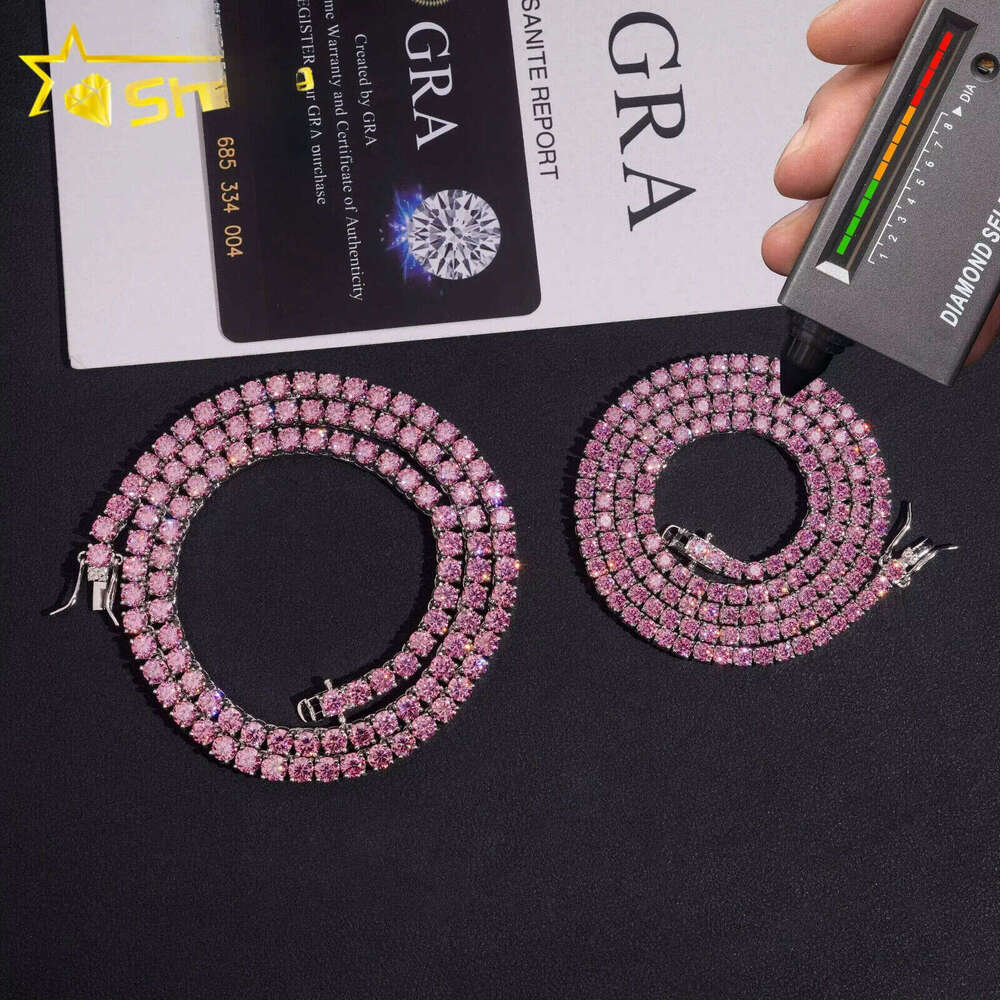 New Arrival 925 Silver 3mm 4mm Pink Color Moissanite Necklace Hip Hop Iced Out Men Women Choker Tennis Chains
