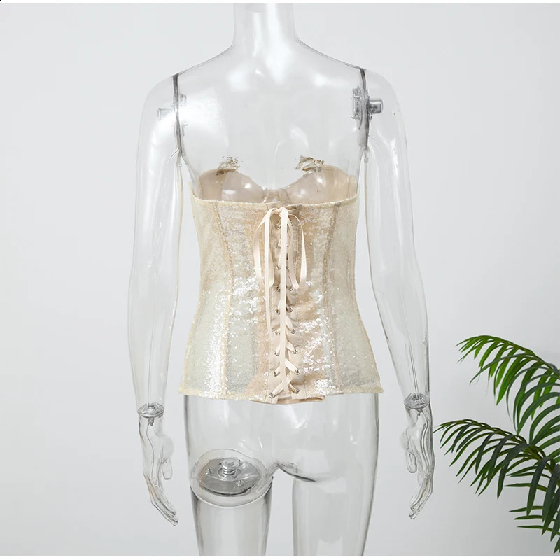 Sexy Sequin Lace Up Shell Corset Women Chic Strapless Backless Off Shoulder Bodycon Waist Cinching Vest Lady High Street Top 260321 - view 7