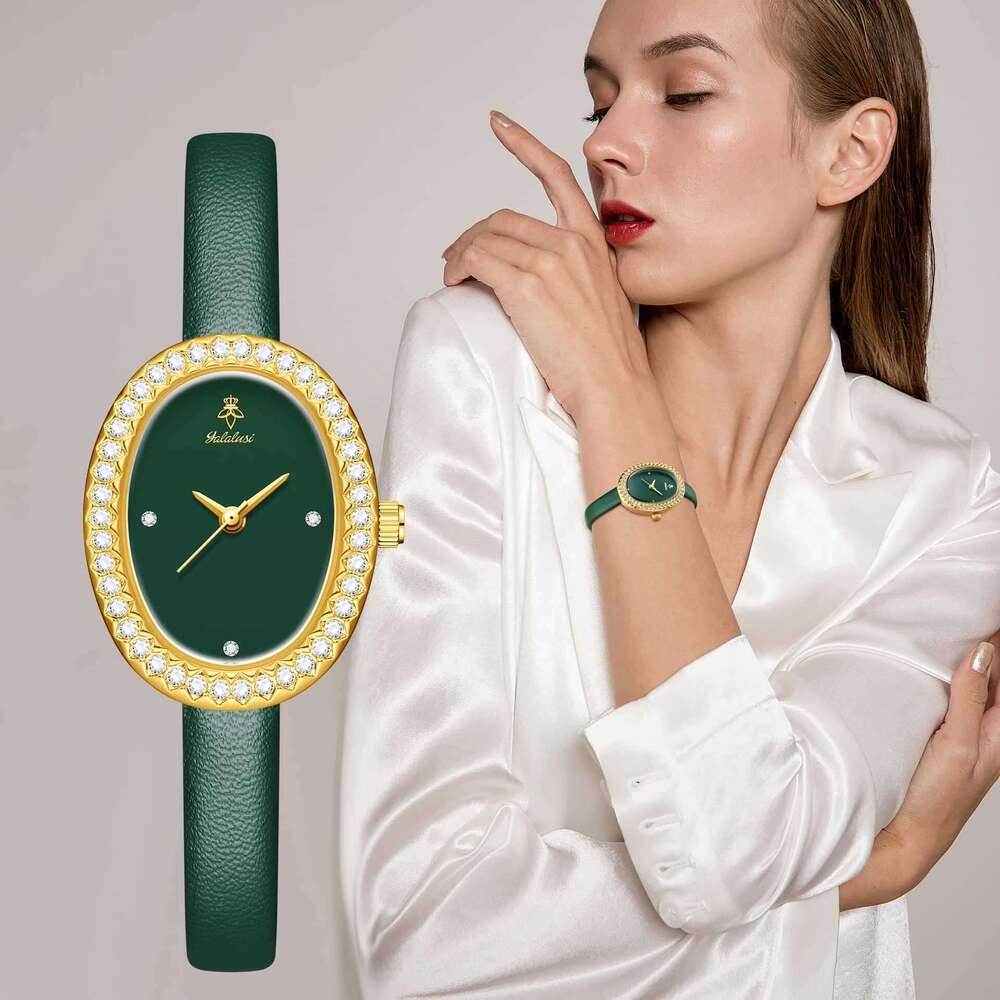 Elegant Small Dial Ins-style Green Leather Strap Women's Fashion Watch with Diamond Encrusted