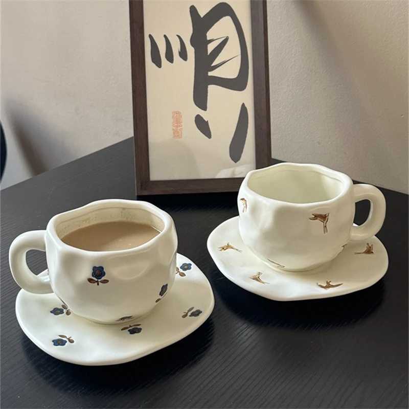 Japanese Retro Style Ceramic Coffee Cups and Plates Hand-painted Irregular Cups and Plates High-value Dessert Cups and Plates H260323