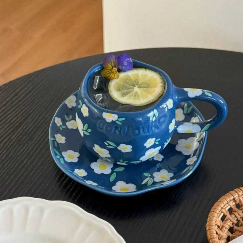 Ceramic Coffee Cup Saucer Hand-pinched Irregular Pastoral floral pattern Coffee cup Breakfast Afternoon tea cup Dessert Plate H260323