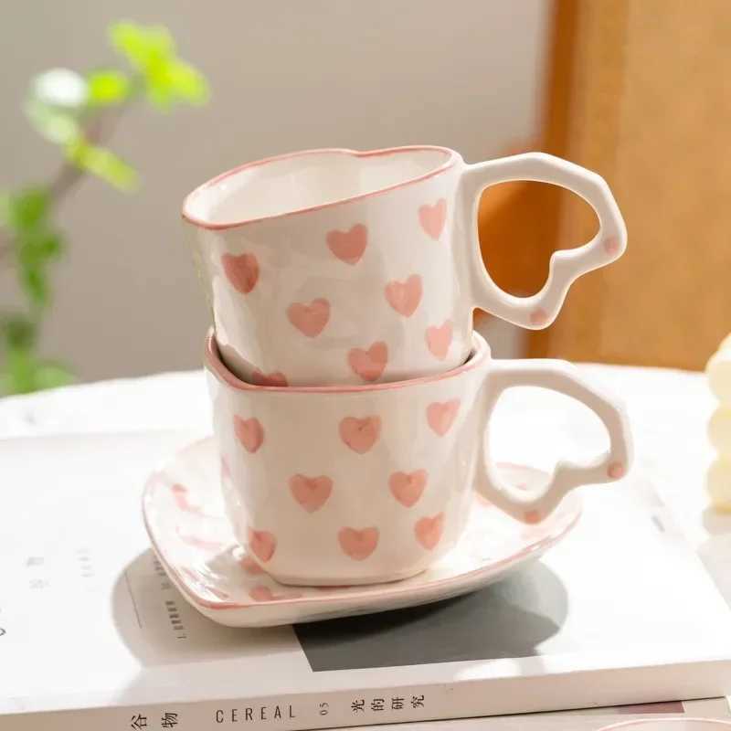 Creative Cute Girl Water Cup Small Fresh Hand-painted Pink Love Coffee Cup Saucer Underglaze Peach Heart Ceramic Cup Saucer H260323