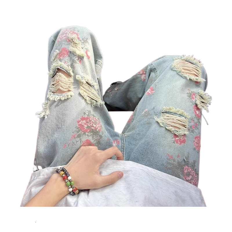 2026 New Designer Jeans Luxury Men's High Street Floral Print Distressed Loose Straight Leg Pants Fashion Trend Essential American Street Ripped 