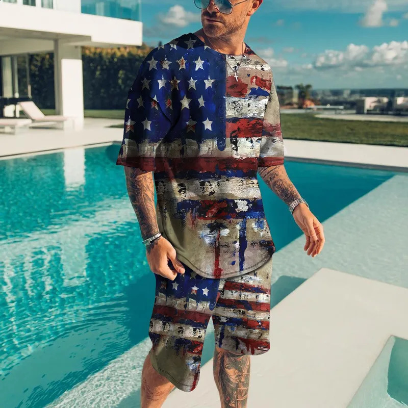 Vintage Style Mens Beach Shorts Set 3D USA Flag Print Short Sleeve TshirtShorts 2 Pcs Summer Oversized Tracksuit Suit 260310