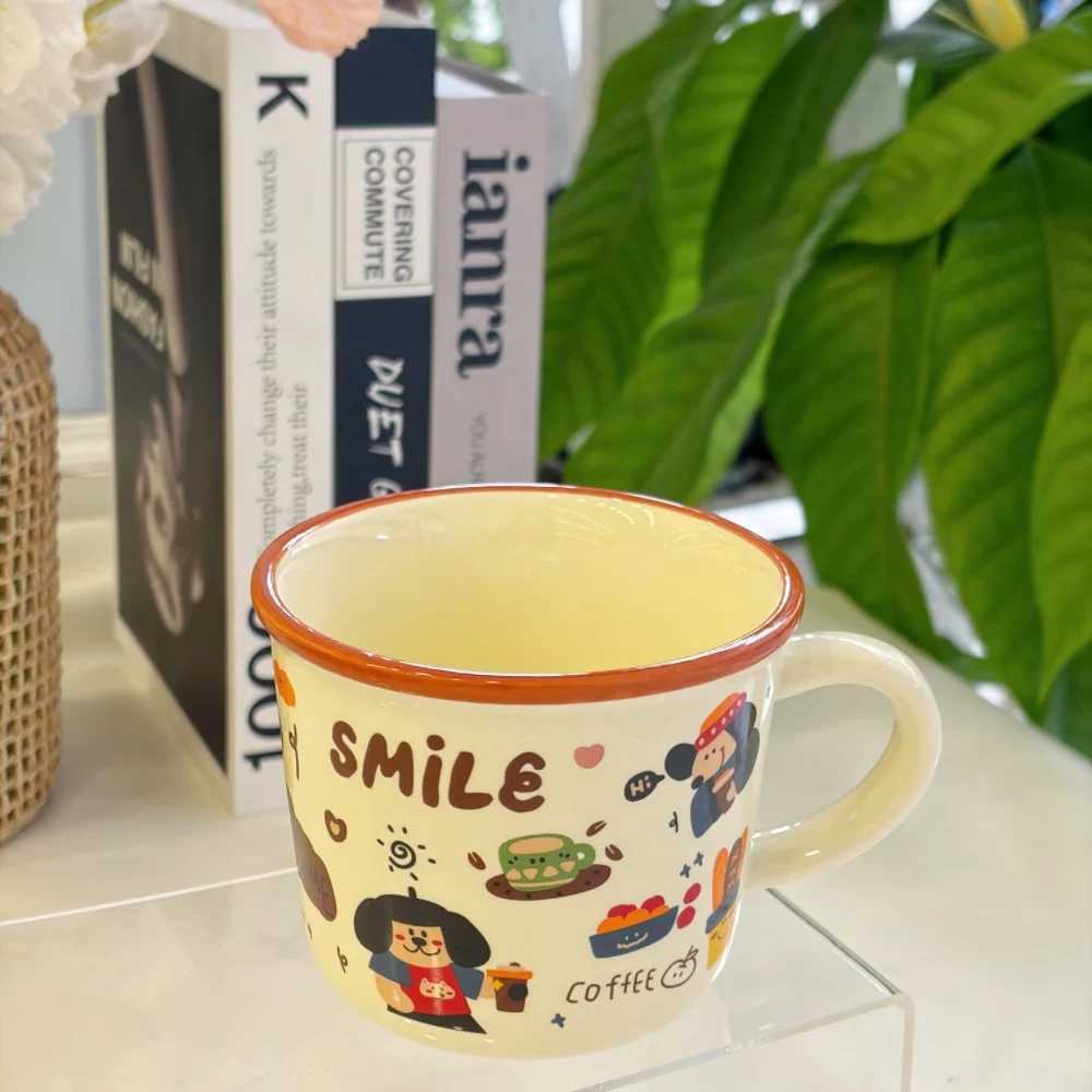 Kawaii Smile Ceramic Mug Cute Cartoon Dog Coffee Pattern Coffee Cup with Brown Rim 340ml Novelty Mug for Daily Use Gift H260323