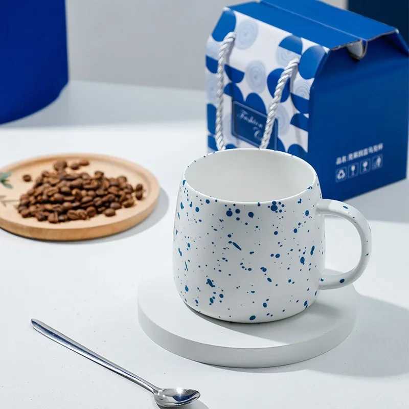 500ml Ceramic Mug Gift Package Blue Coffee Cup Creative design Splash ink Breakfast Oatmeal Cup Festival Gift Porcelain Mug D260323