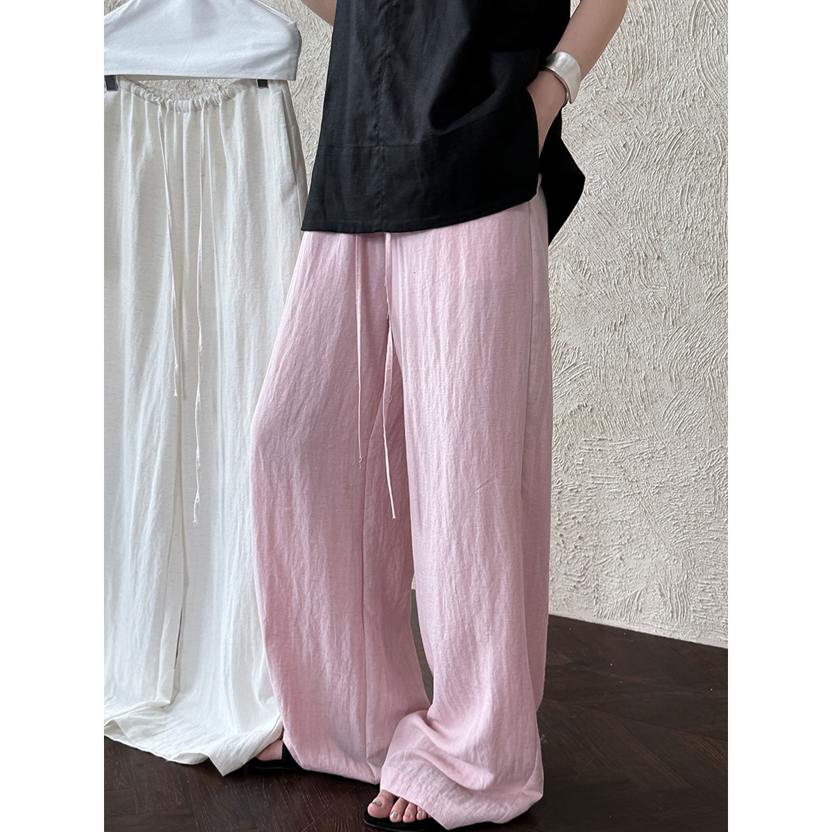 Designer Pants Tencel Linen Elastic Waist Loose Wide-leg Pants Women Long Pants Summer Lightweight Cool Casual Pants