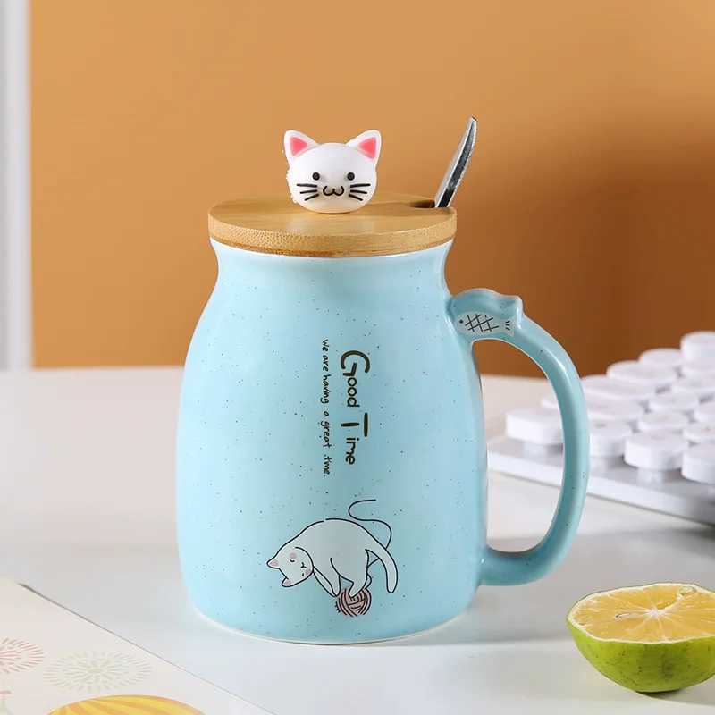 Creative color cat heat-resistant Mug cartoon with lid 380ml cup kitten coffee ceramic mugs children cup office Drinkware gift D260323
