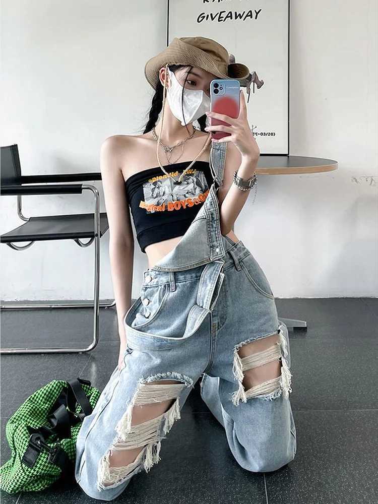 American style high street hot ripped hole high waisted denim overalls women summer loose slimming straight leg pants M260323