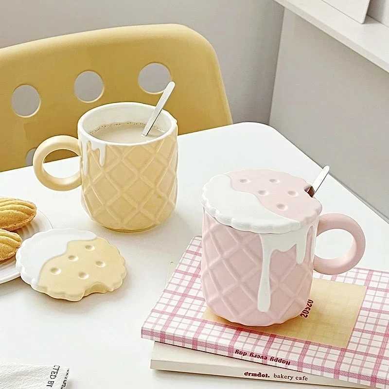 1pc 400ML Biscuit Pattern Coffee Mug With Lid And Spoon Ceramic Coffee Cups Cute Kawaii Water Cup Summer Winter Drinkware Gifts D260323