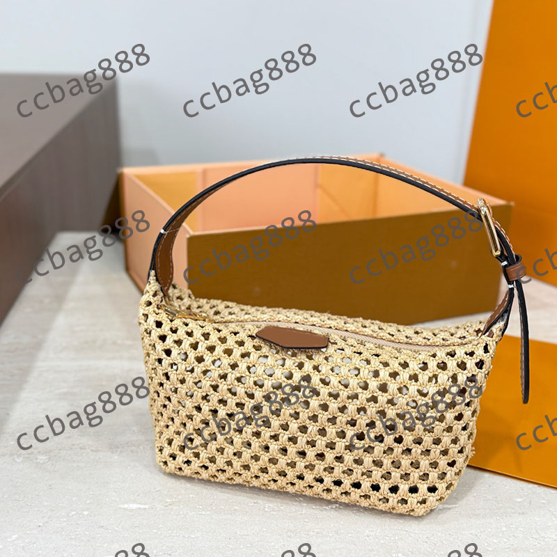 Lady Designer Raffia Straw Weave M14304 Pochette Hills Lunch Vanity Bag Portable Beach Tote Makeup Cosmetic Case Purse Zipper Hobo Pouch 16X10CM For Summer