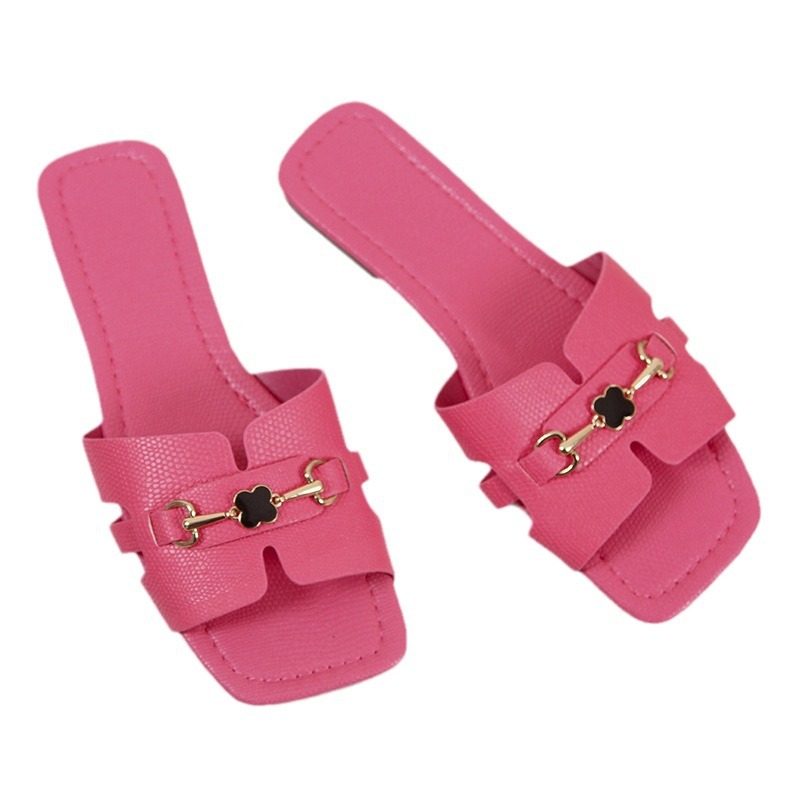 Fashion slippers 2026 Women's Square Toe Slide Sandals Gold Horsebit Buckle Decor Flat Casual Slippers