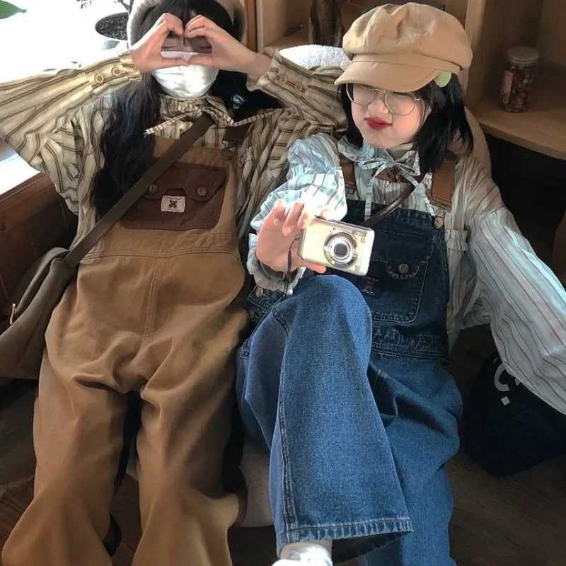 Vintage Kawaii Denim Jumpsuit Overalls Women College Style Girls Brown Blue Loose Casual Wide Leg Pants Jeans All Match Trousers M260323