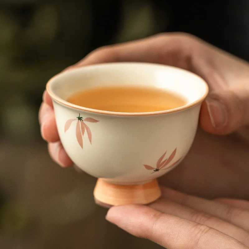 Mellow Yellow Glaze Ceramic Tea Cup with Orchid Design High Foot Personal Master Cup for Chinese Gongfu Tea Gift H260323