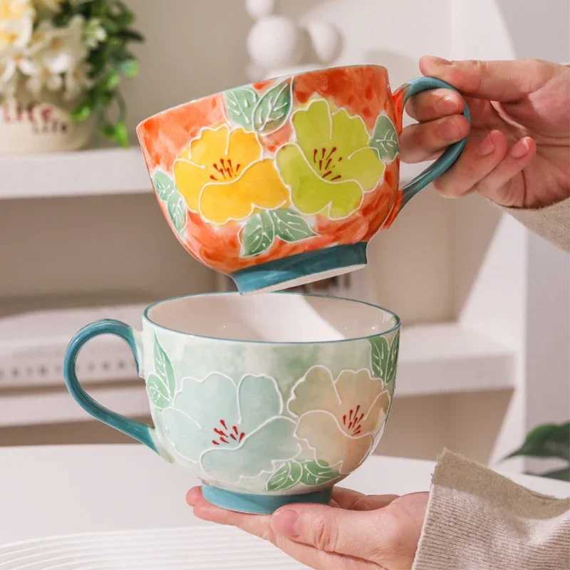 500ml Ceramic Cup Handmade Glyptic Breakfast Bowl Large Capacity Water Cup for Office Porcelain Coffee Mug for Afternoon Tea H260323