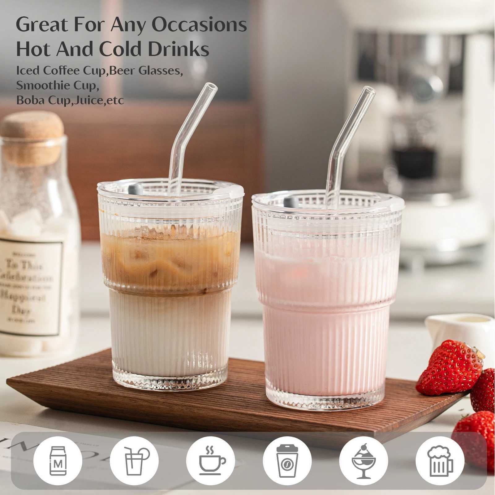 1/2PCS 450ml Stripe Glass Cup Whiskey Glass Transparent Glasses With Lid and Straw Ice Coffee Mug Juice Glass Milk BeerDrinkware D260323