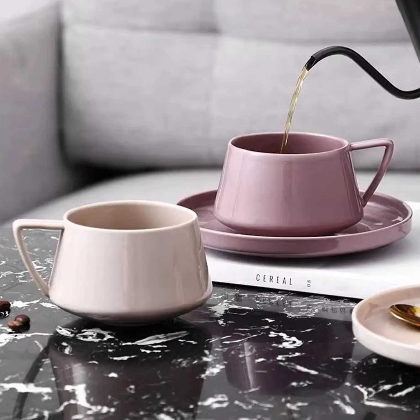 1pc 320ml simple ceramic coffee cup and saucer exquisite instant cup mug saucer for office afternoon tea H260323