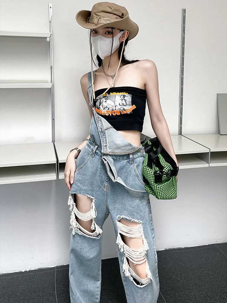 American style high street hot ripped hole high waisted denim overalls women summer loose slimming straight leg pants M260323